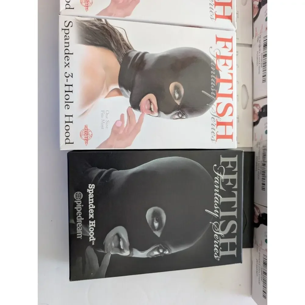 Lot of 7 Pipedream Fetish Fantasy Spandex 3-Hole Hood Black Mask Protest Bulk